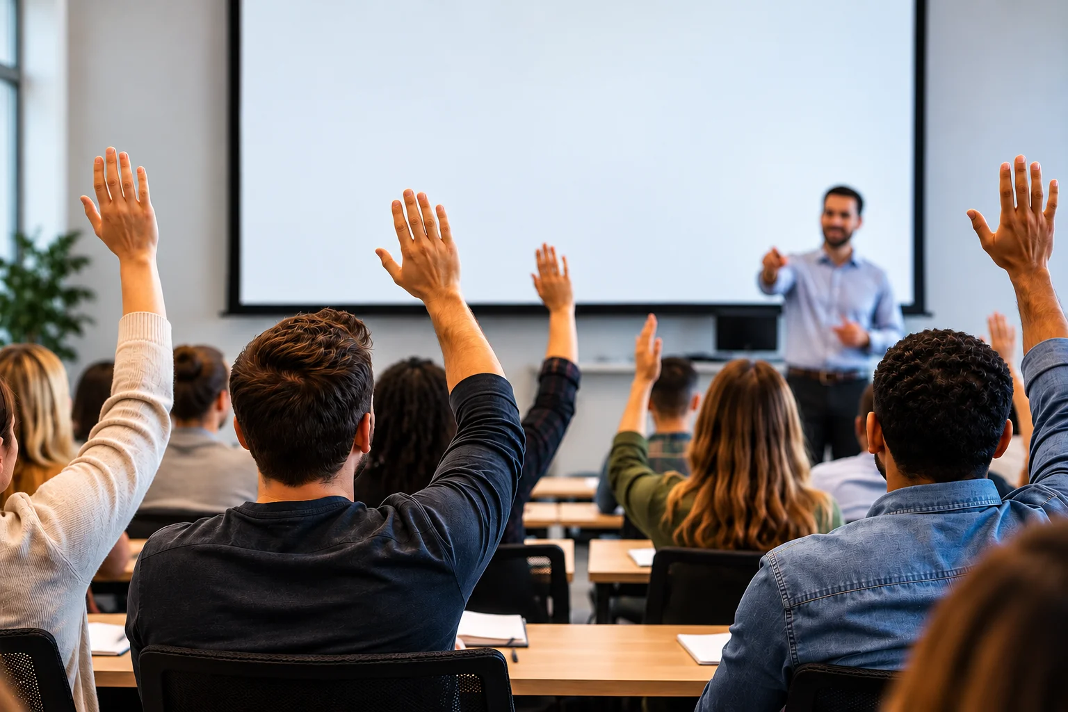 Classroom session with several attendees raising their hands to ask the presenter questions
