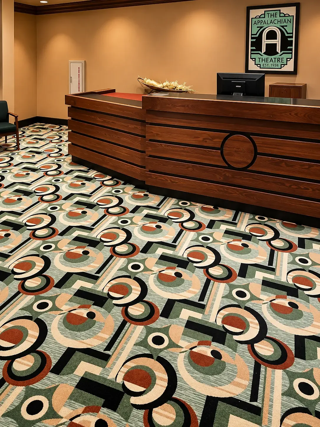 Theatre reception desk in dark wood above a bold geometric carpet in sage green, cream, rust and black